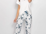 Ladies' Short Sleeve Blouse and Long Pants Pyjamas Set with Pointed Neckline and Decorative Bow Waistband