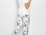 Ladies' Short Sleeve Blouse and Long Pants Pyjamas Set with Pointed Neckline and Decorative Bow Waistband