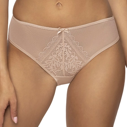Beige Floral Lace Mesh Panties with Satin Bow